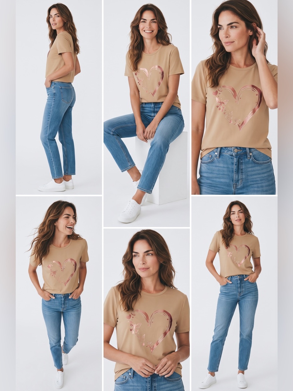 Brown T-Shirt with Heart & Butterflies - NWOT - Size L - PTP 20.5"